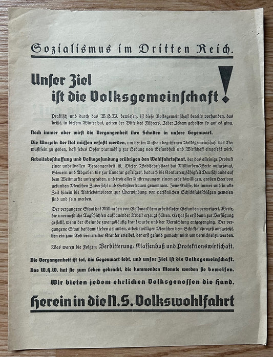 NSV leaflet 1934 - subscription sheet w/NSDAP handout
