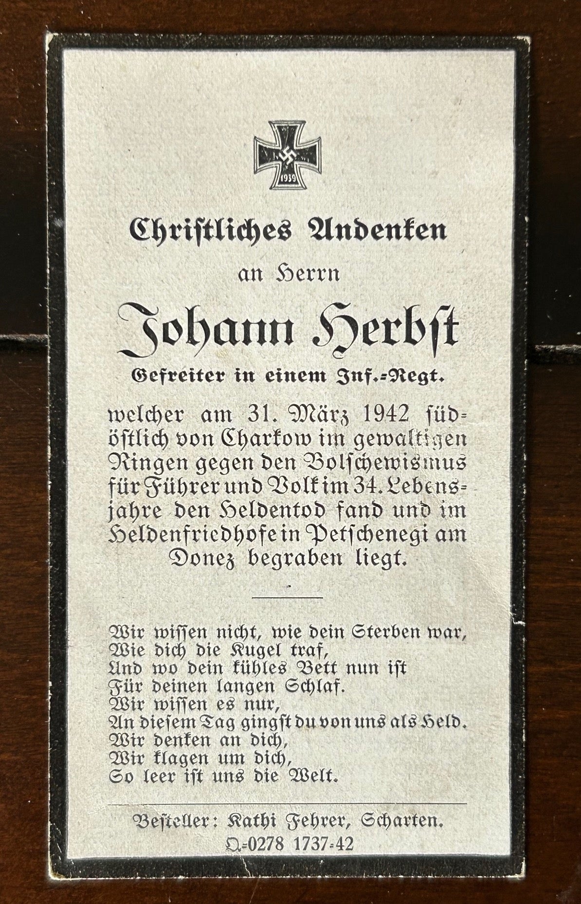 WW2 Death Card - Infantry, KIA Kharkov March 1942