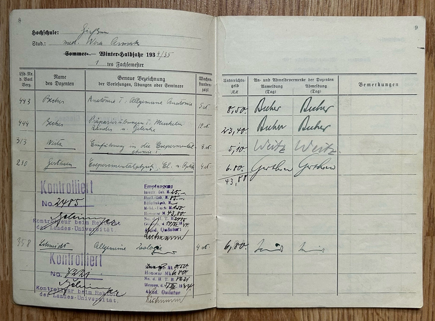 Studienbuch - Female medical student grade book 1934-39