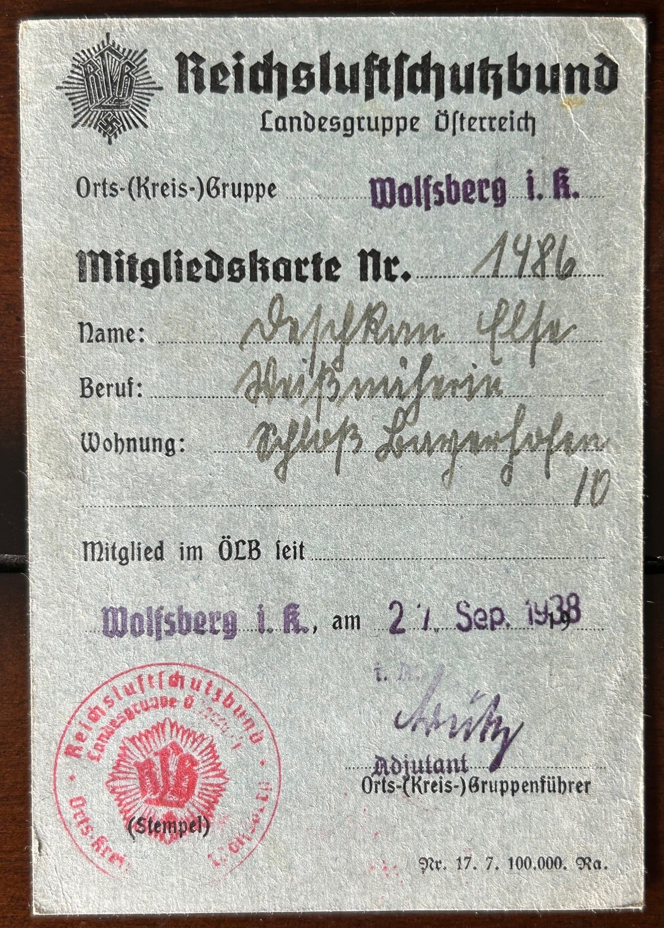 RLB membership card - Austria 1938
