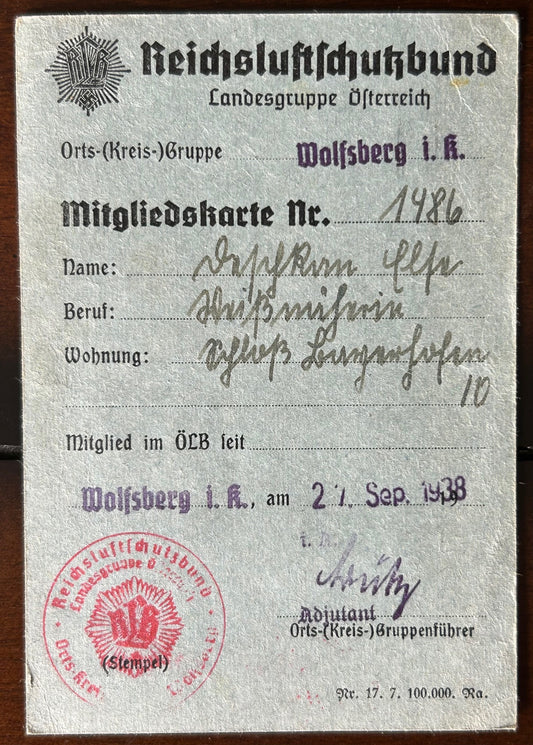RLB membership card - Austria 1938