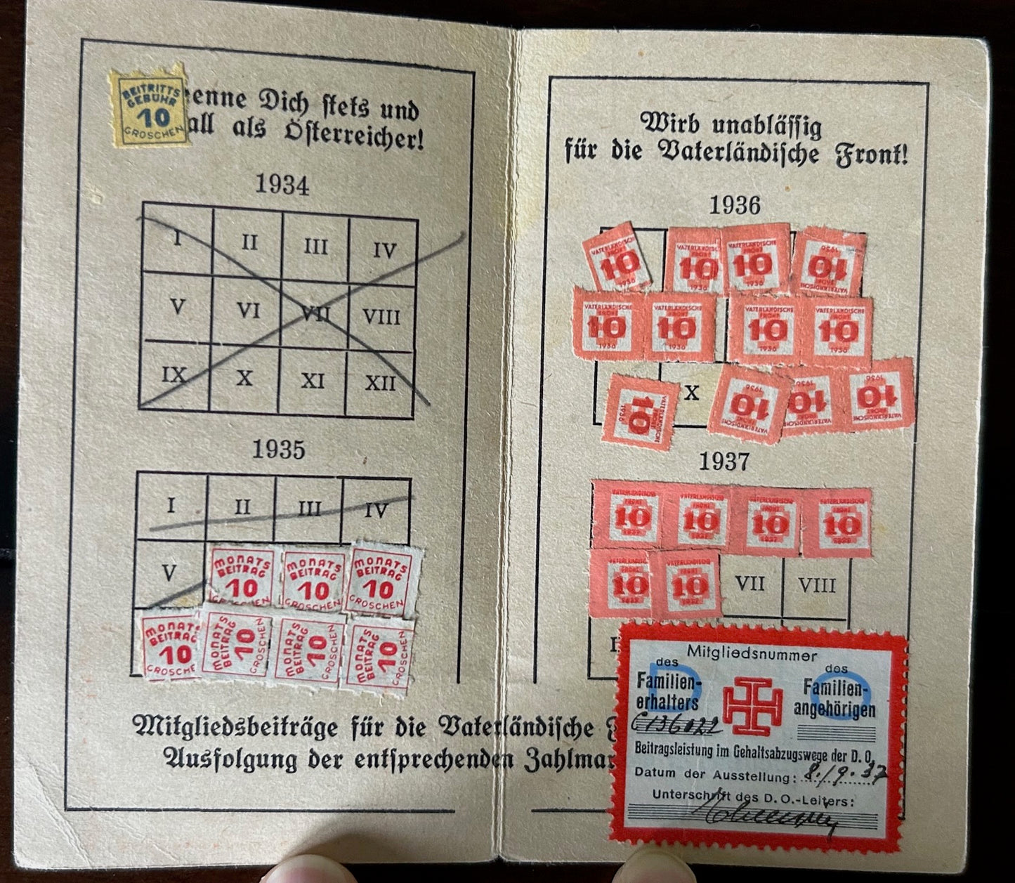 Austrian 1935 Fatherland Front membership card