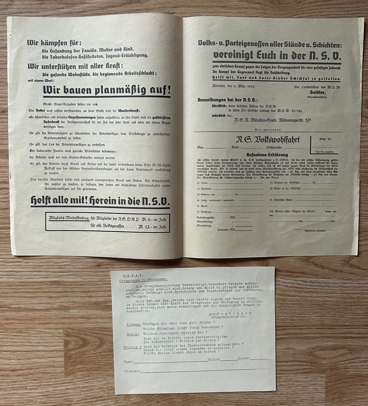 NSV leaflet 1934 - subscription sheet w/NSDAP handout
