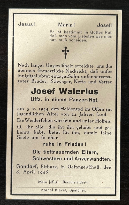 WW2 Death Card - NCO, panzer regiment, KIA July 44