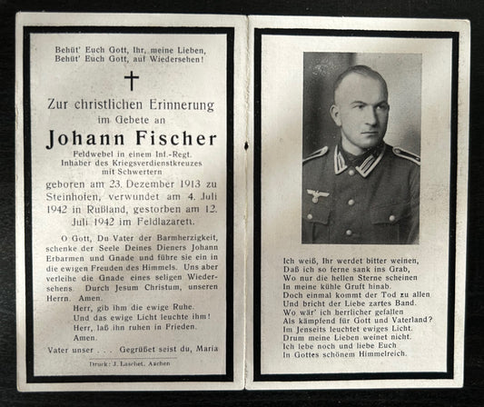 WW2 Death Card - Infantry sergeant, KIA July 42 Russia