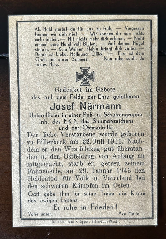 WW2 Death Card - Decorated anti-tank gunner NCO