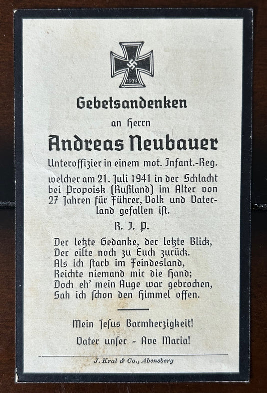 WW2 German Death Card - NCO Mot. Inf. KIA Belarus 41