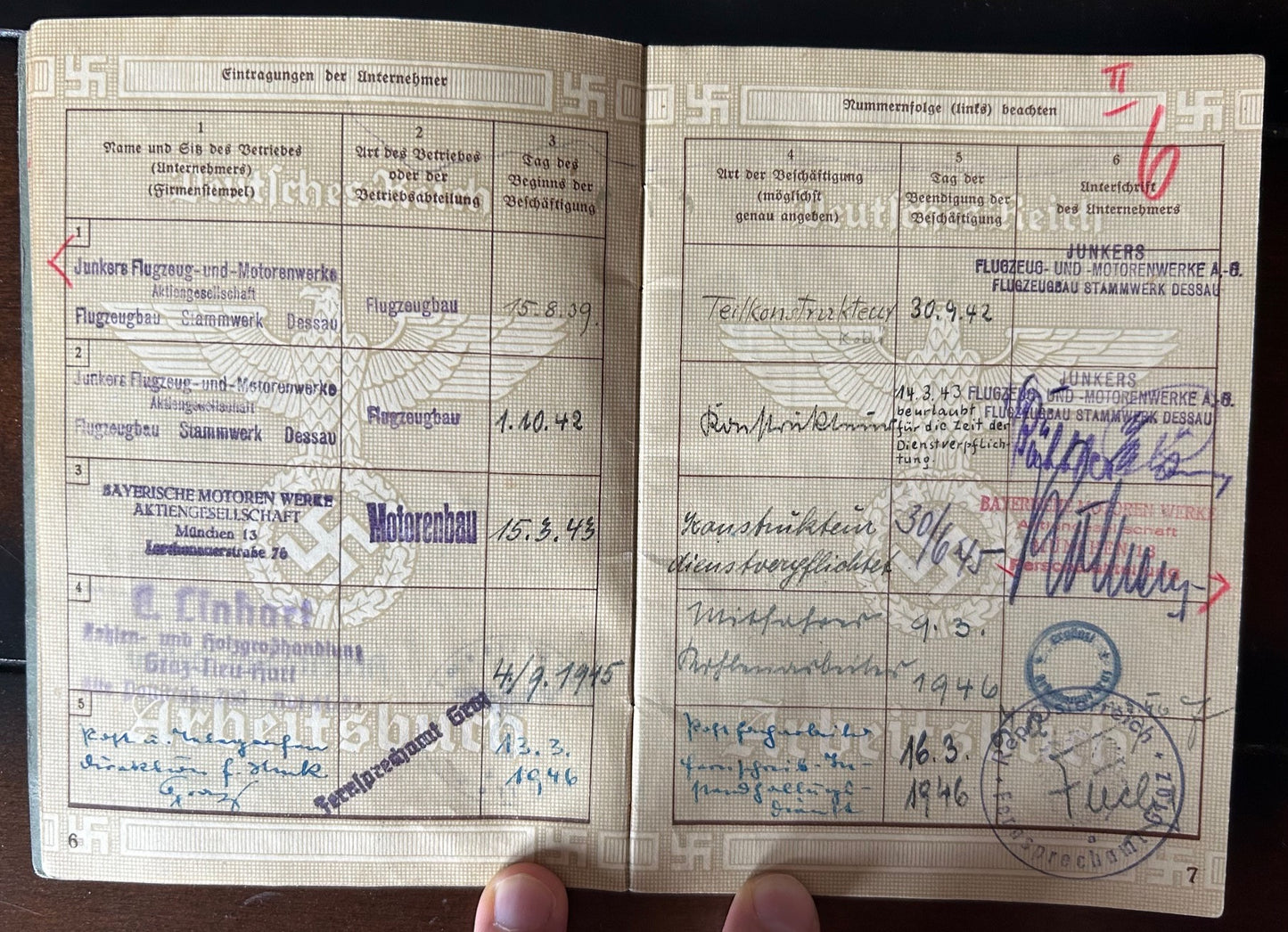 Arbeitsbuch - Junkers and BMW factory employee 1939-45