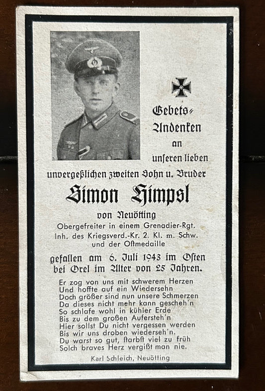 WW2 Death Card - Infantry KIA around Orel, Jul 43