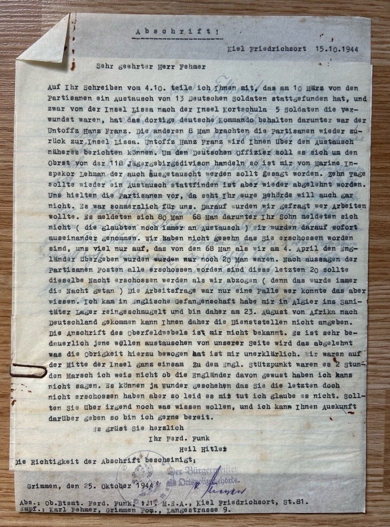 Document grouping - German POW / KIA, Yugoslavia 1944