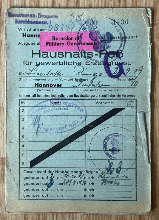 Third Reich “Goods registration card” - Hannover 1943