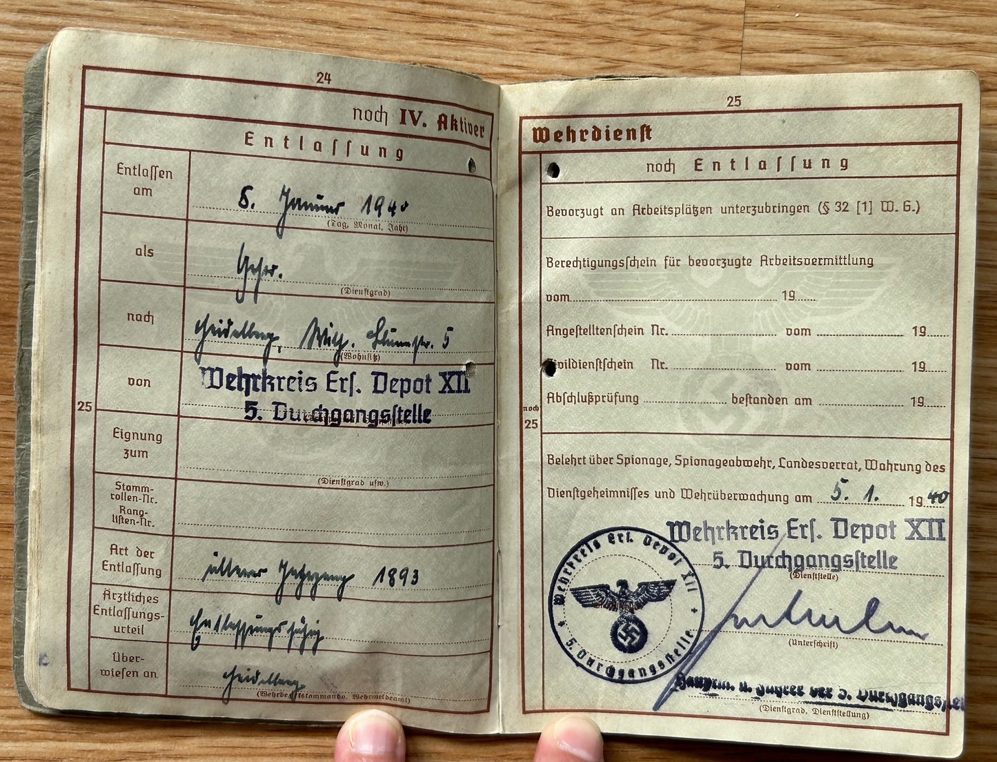 Wehrpass - WW1 veteran / Westwall service 1939