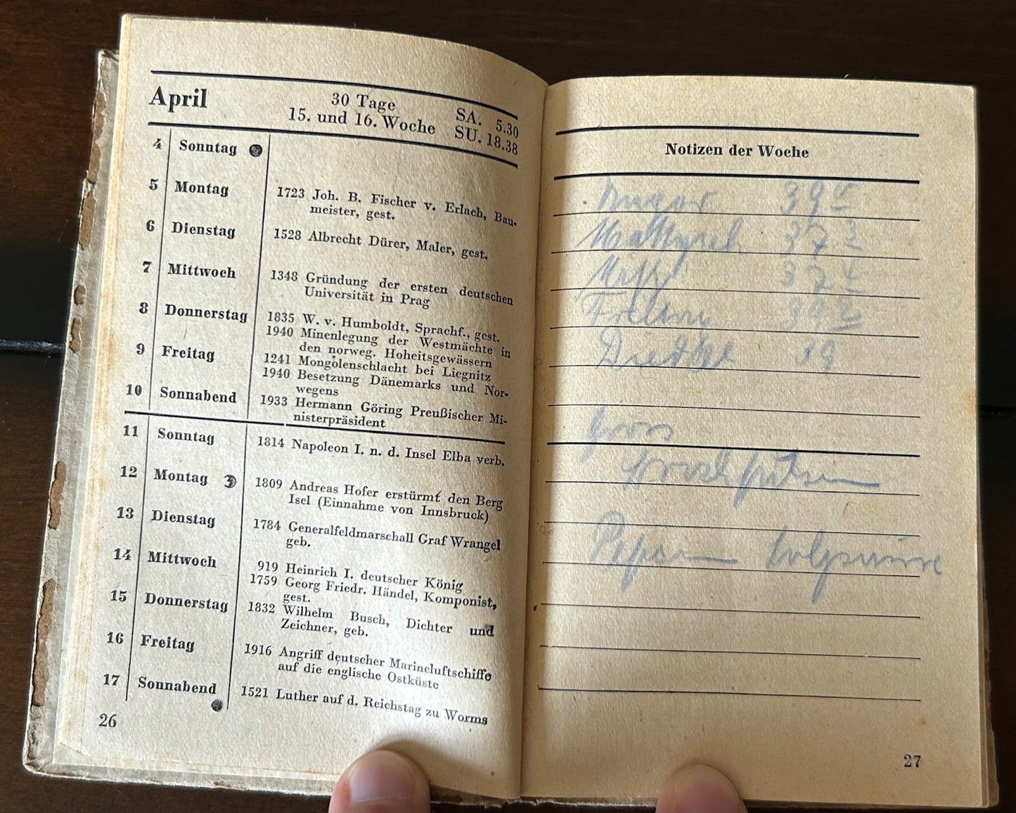 DRK pocket calendar 1943 - filled-in by nurse