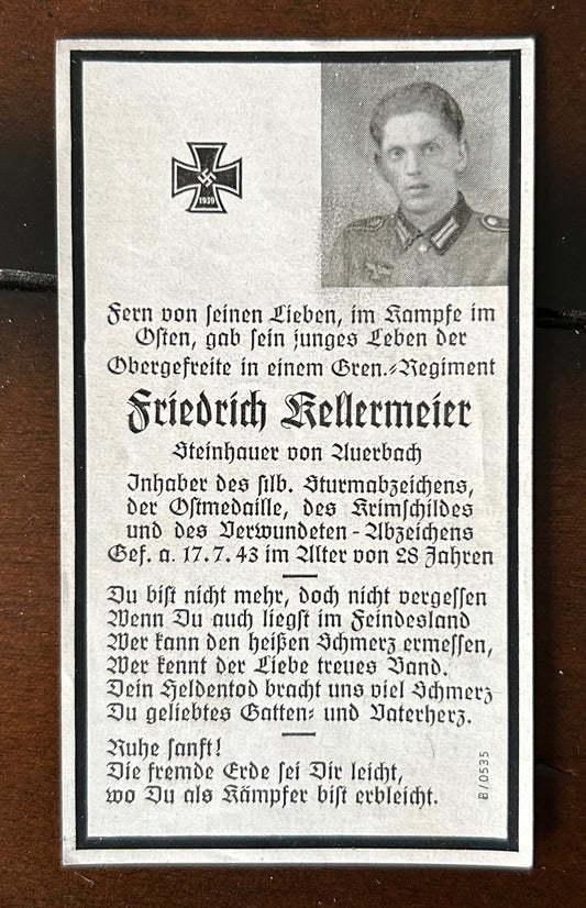 WW2 Death Card - Crimea shield infantryman, KIA 43