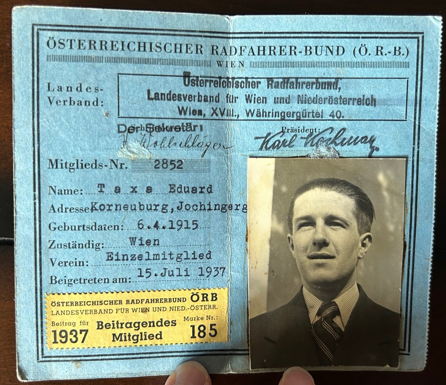 Austrian 1937 Cycling association ID card