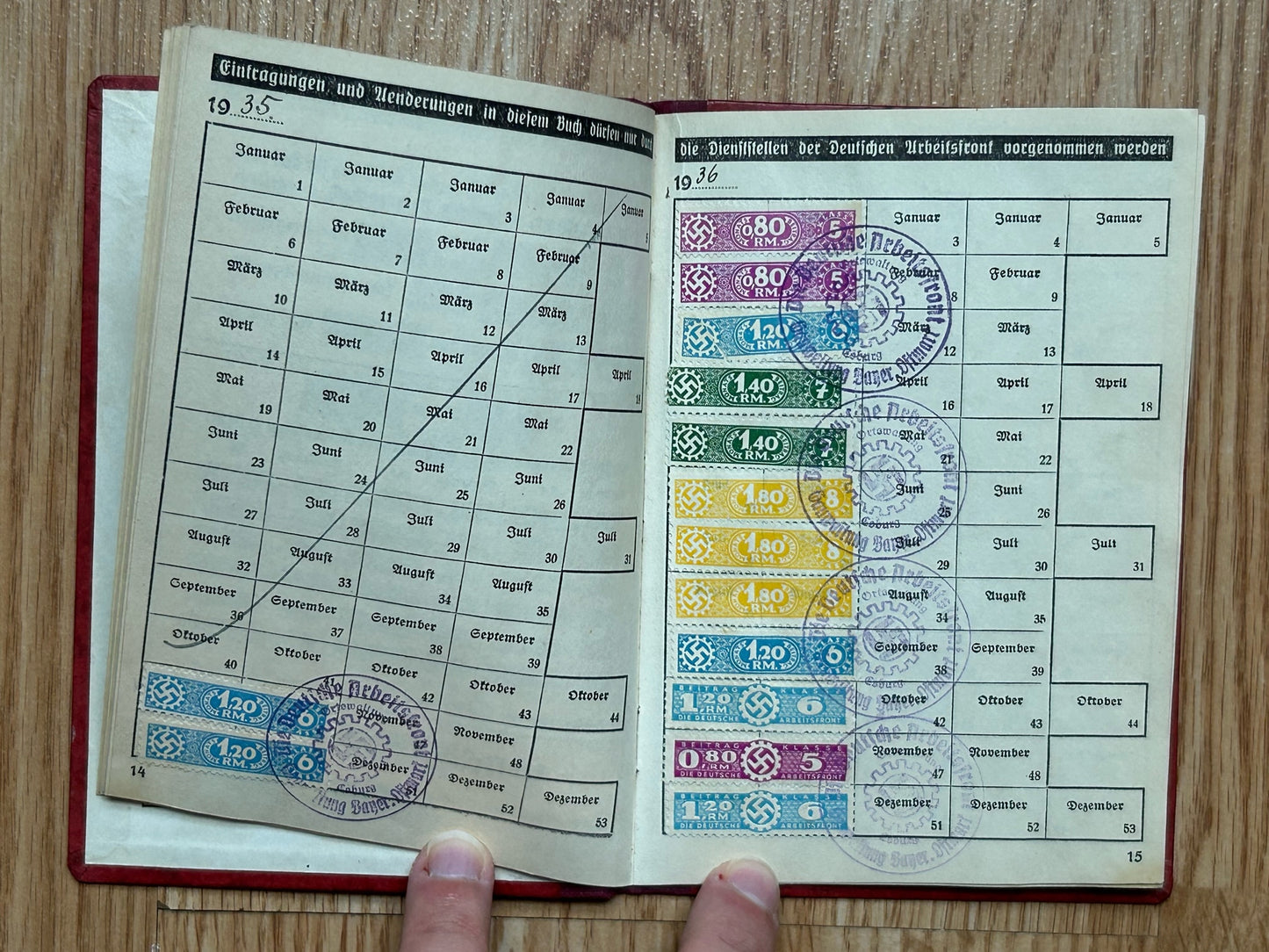 DAF membership booklet, contribution stamps 1935 - 1945