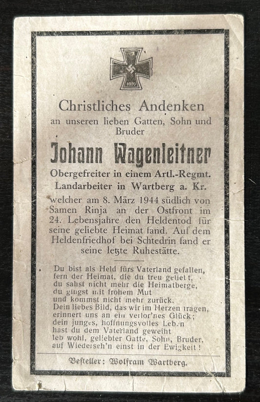 WW2 Death Card - Artillery soldier, KIA March 44