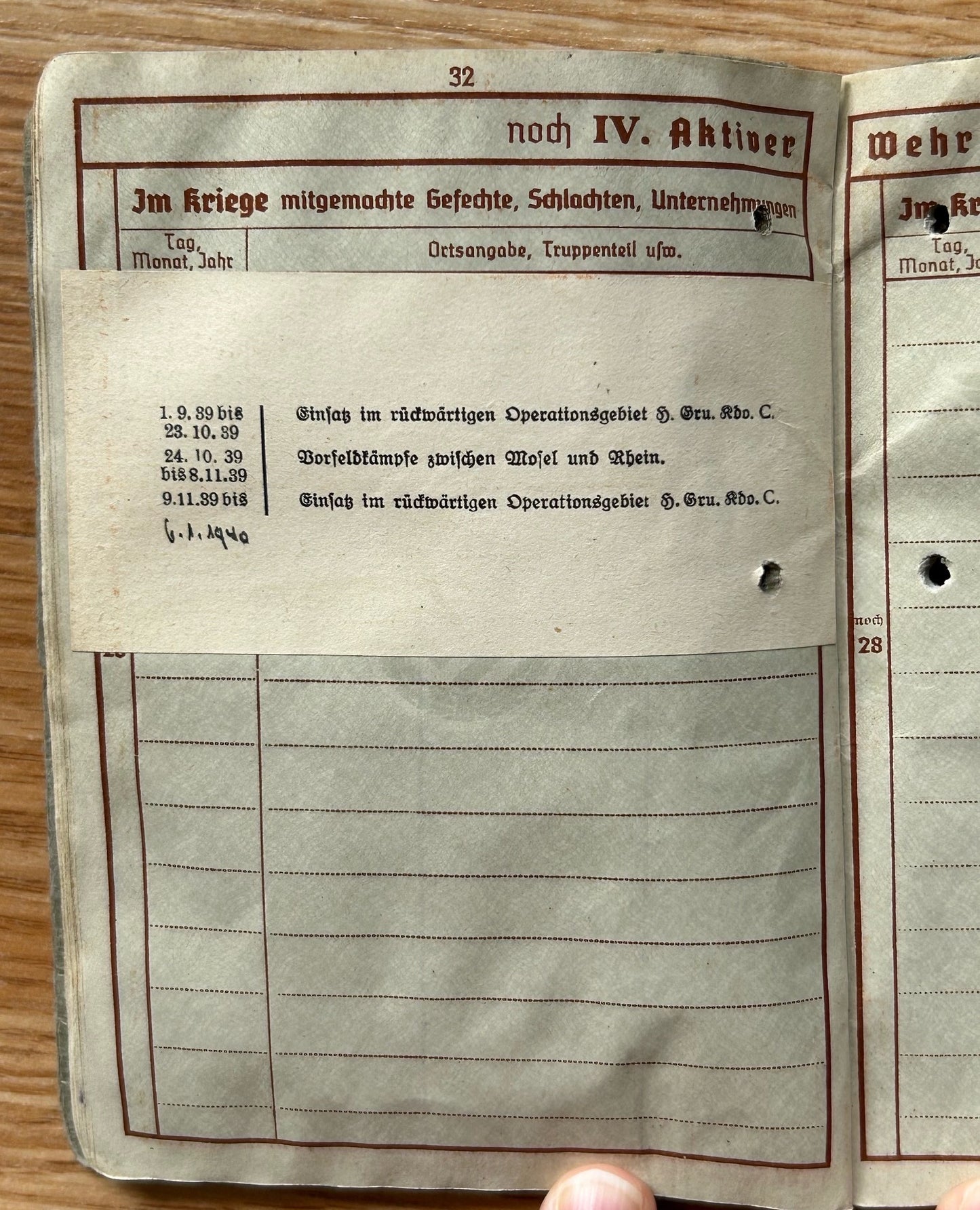 Wehrpass - WW1 veteran / Westwall service 1939