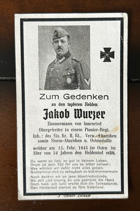 WW2 Death Card - Decorated combat engineer, KIA Feb 45