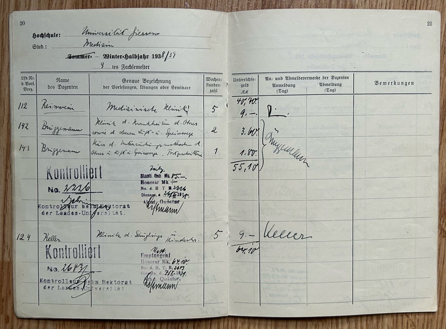 Studienbuch - Female medical student grade book 1934-39