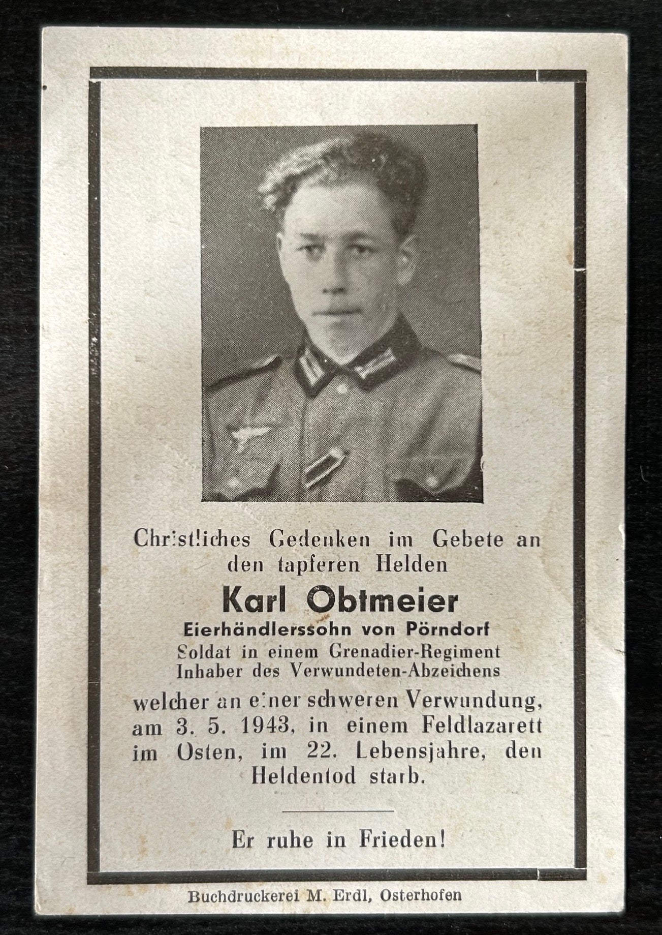 WW2 Death Card - Infantryman, KIA May 43
