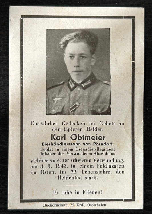 WW2 Death Card - Infantryman, KIA May 43