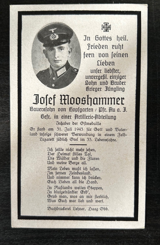 WW2 Death Card - Artillery soldier, KIA Orel July 43