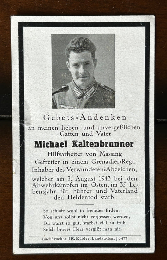 WW2 Death Card - Infantryman KIA Aug 43