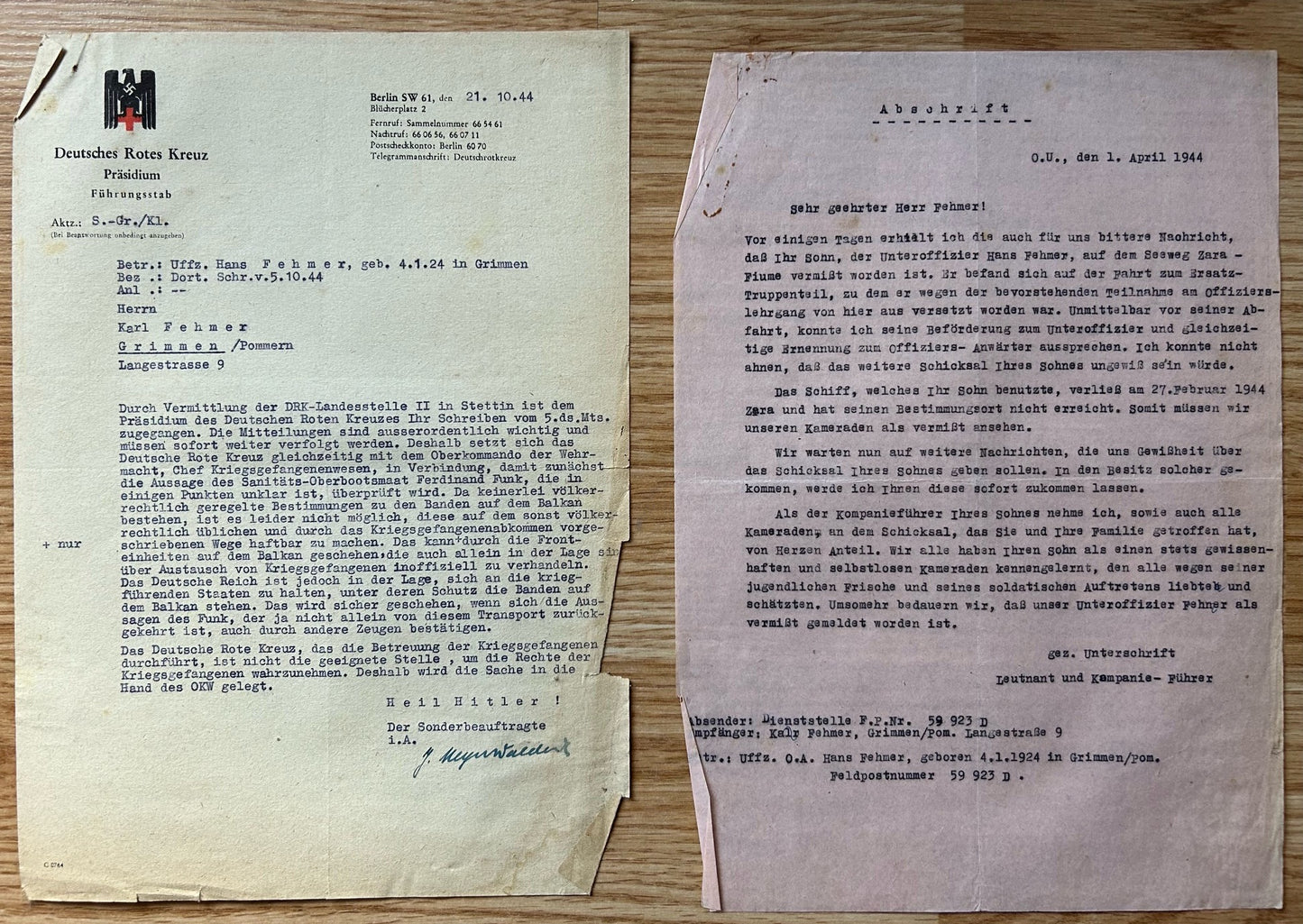 Document grouping - German POW / KIA, Yugoslavia 1944