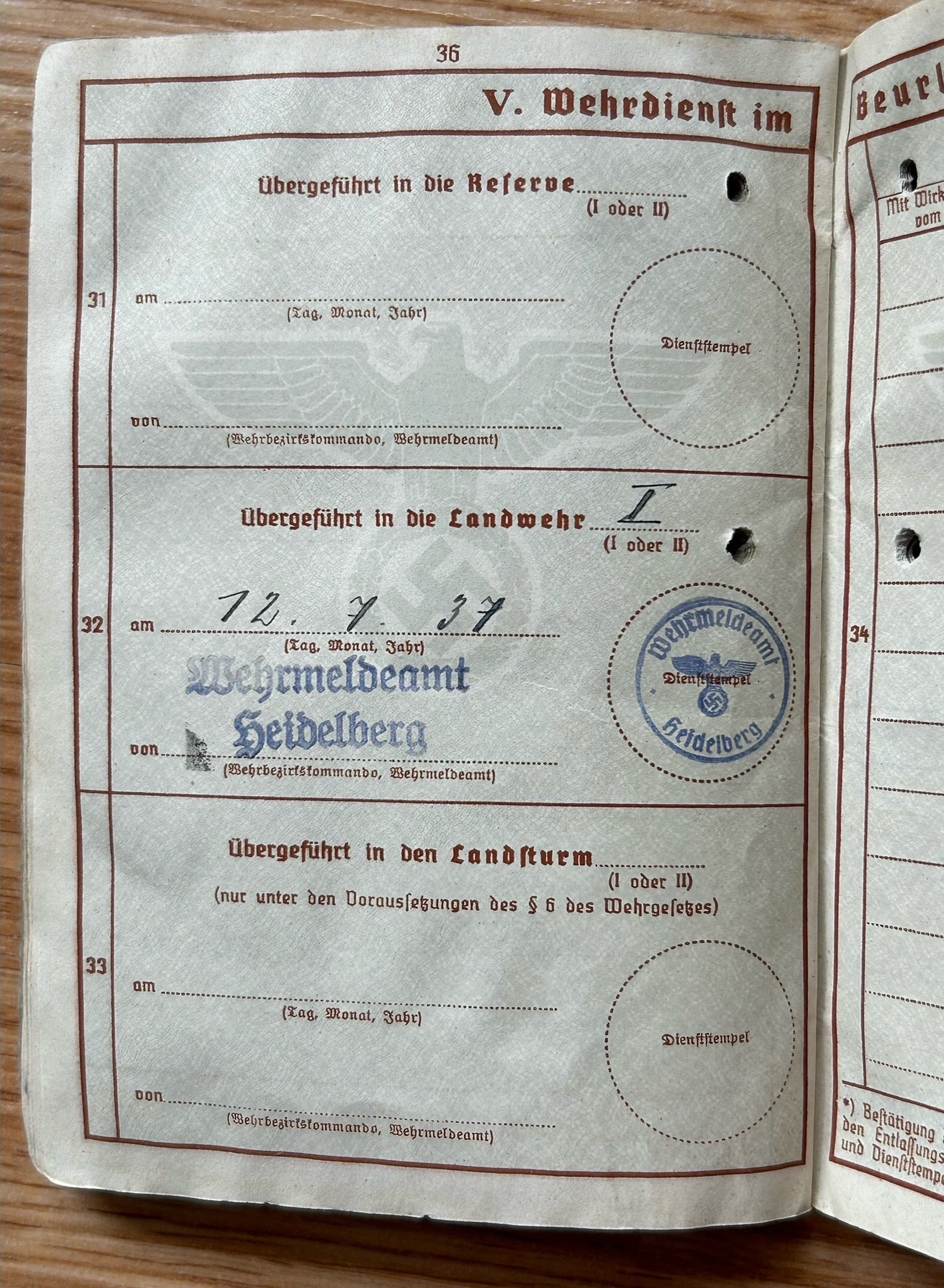 Wehrpass - WW1 veteran / Westwall service 1939