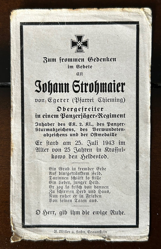 WW2 Death Card - Decorated Panzerjäger trooper , KIA 43