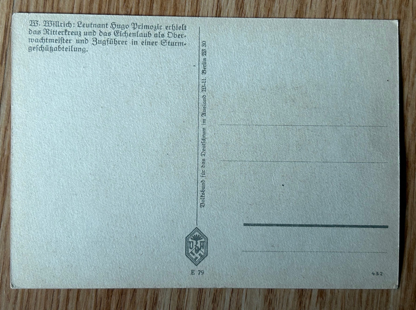 Hugo Primozic panzer ace - Willrich artwork postcard