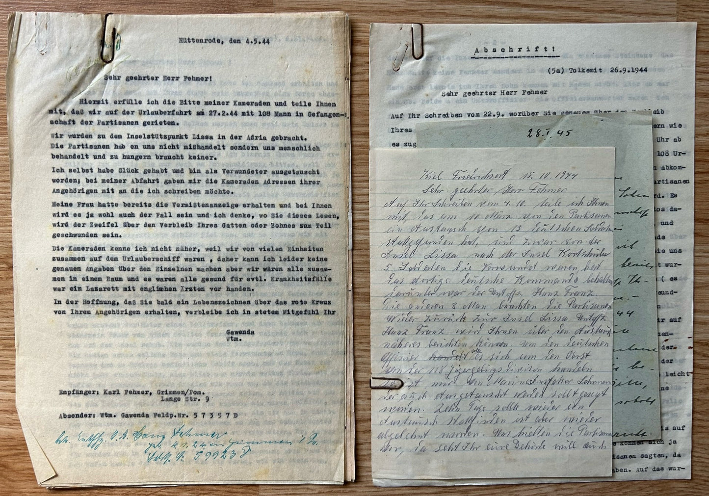 Document grouping - German POW / KIA, Yugoslavia 1944