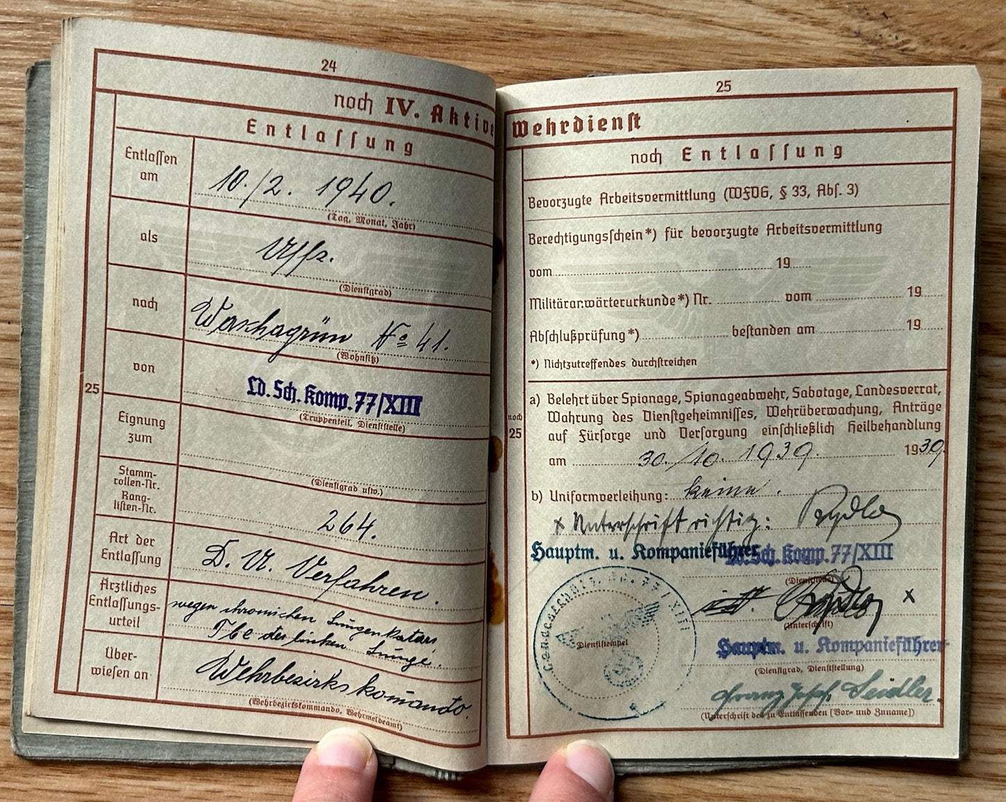 Wehrpass - Sudetenland NCO 1940 / WW1 veteran