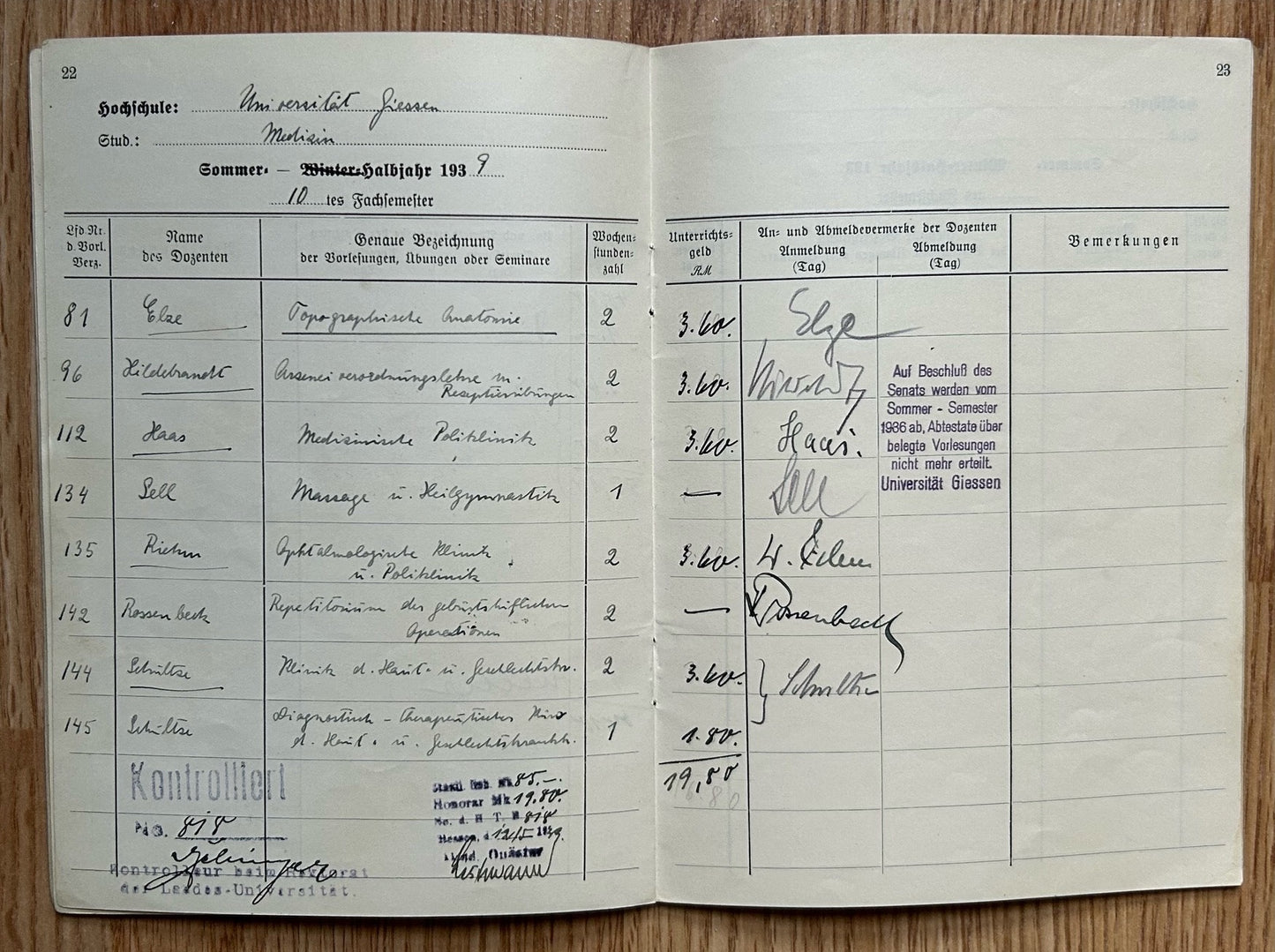 Studienbuch - Female medical student grade book 1934-39