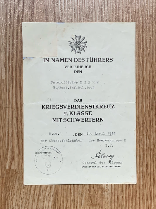 War Merit Cross 2nd Class w/ Swords award document