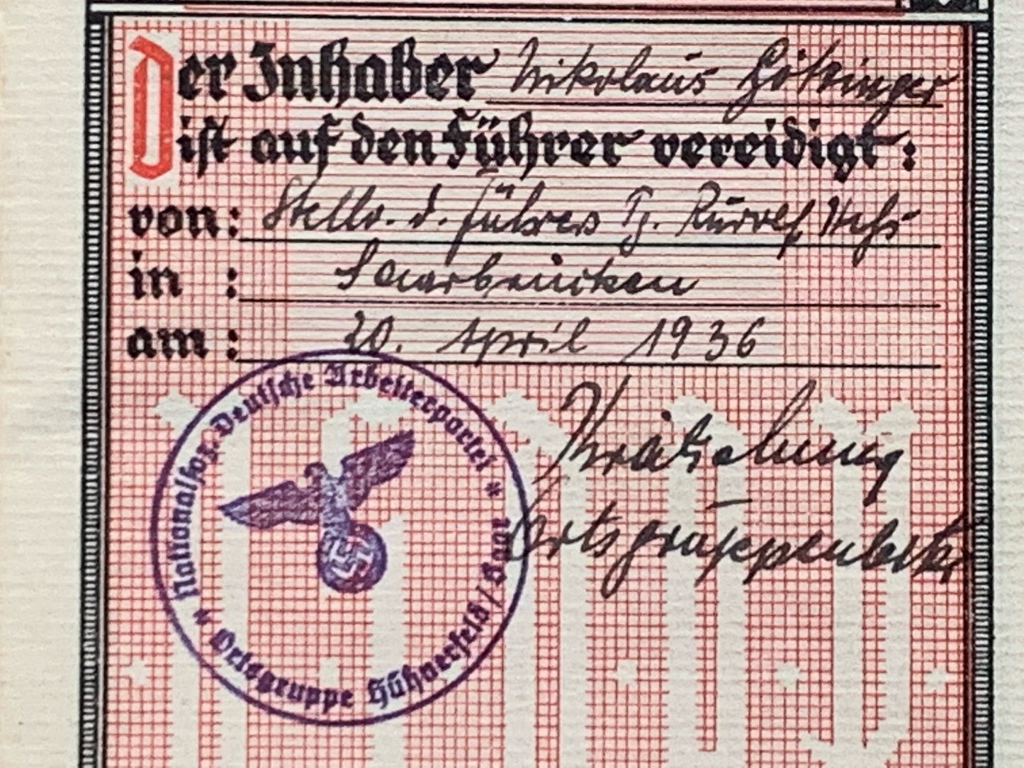 NSDAP membership booklet - Blockleiter official, Rudolf Hess reference