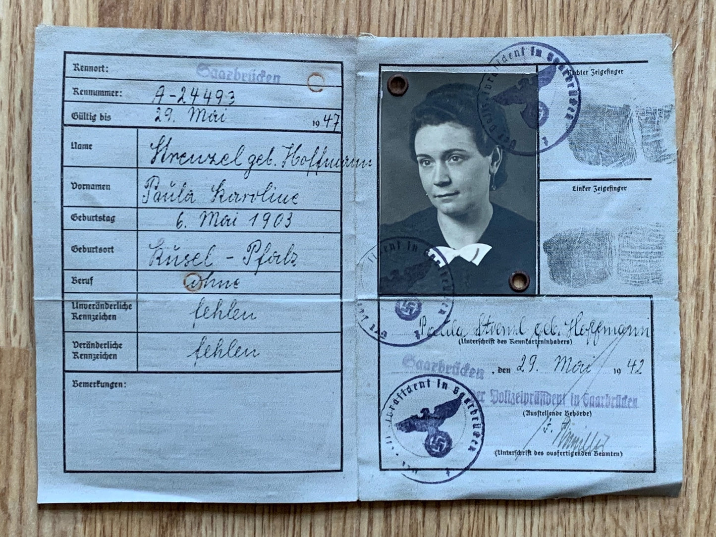 Kennkarte - 1942, Saarbrücken resident