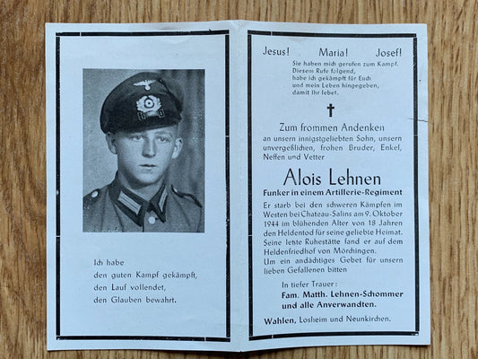 WW2 German Death Card - Signals trooper, Western Front 44
