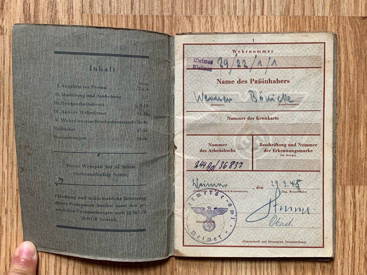 Wehrpass - teen conscript / RAD member, March 1945