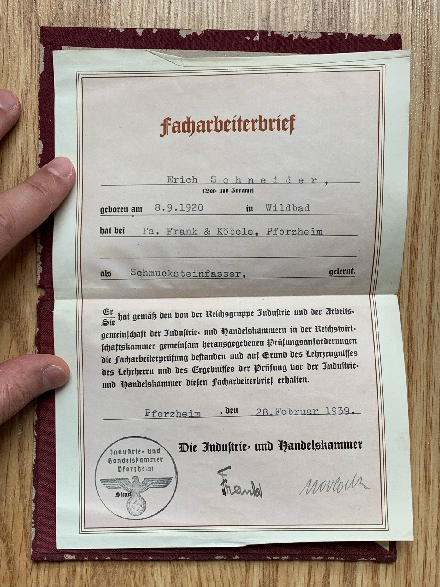Skilled worker certificate - Jeweller, 1939