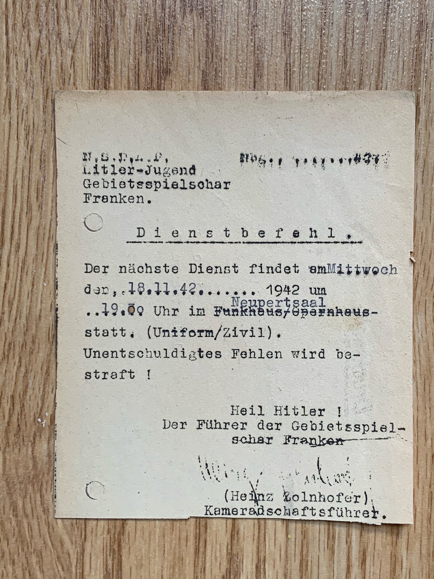 3 HJ written order form - Dienstbefehl
