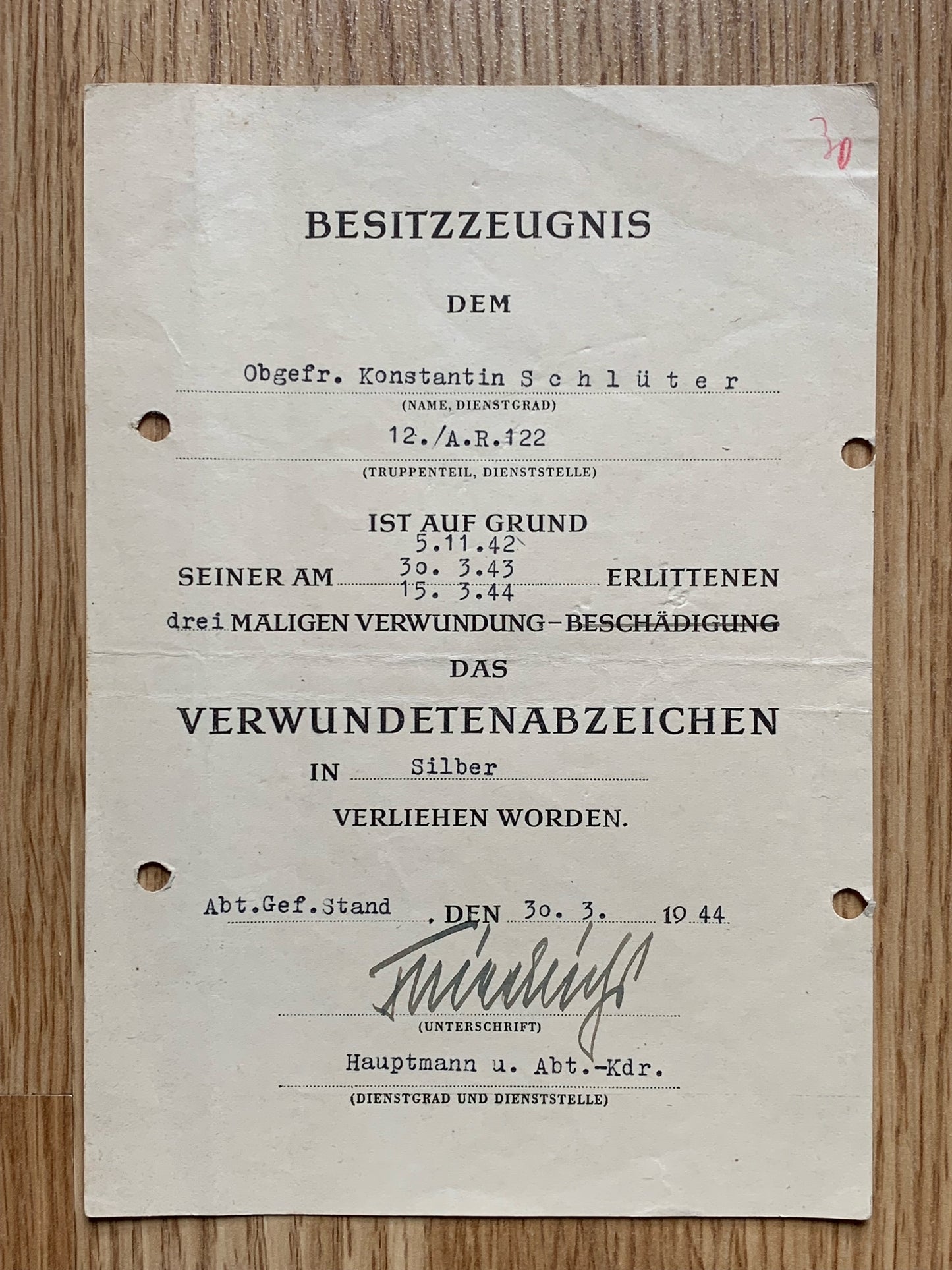 Silver Wound Badge award document