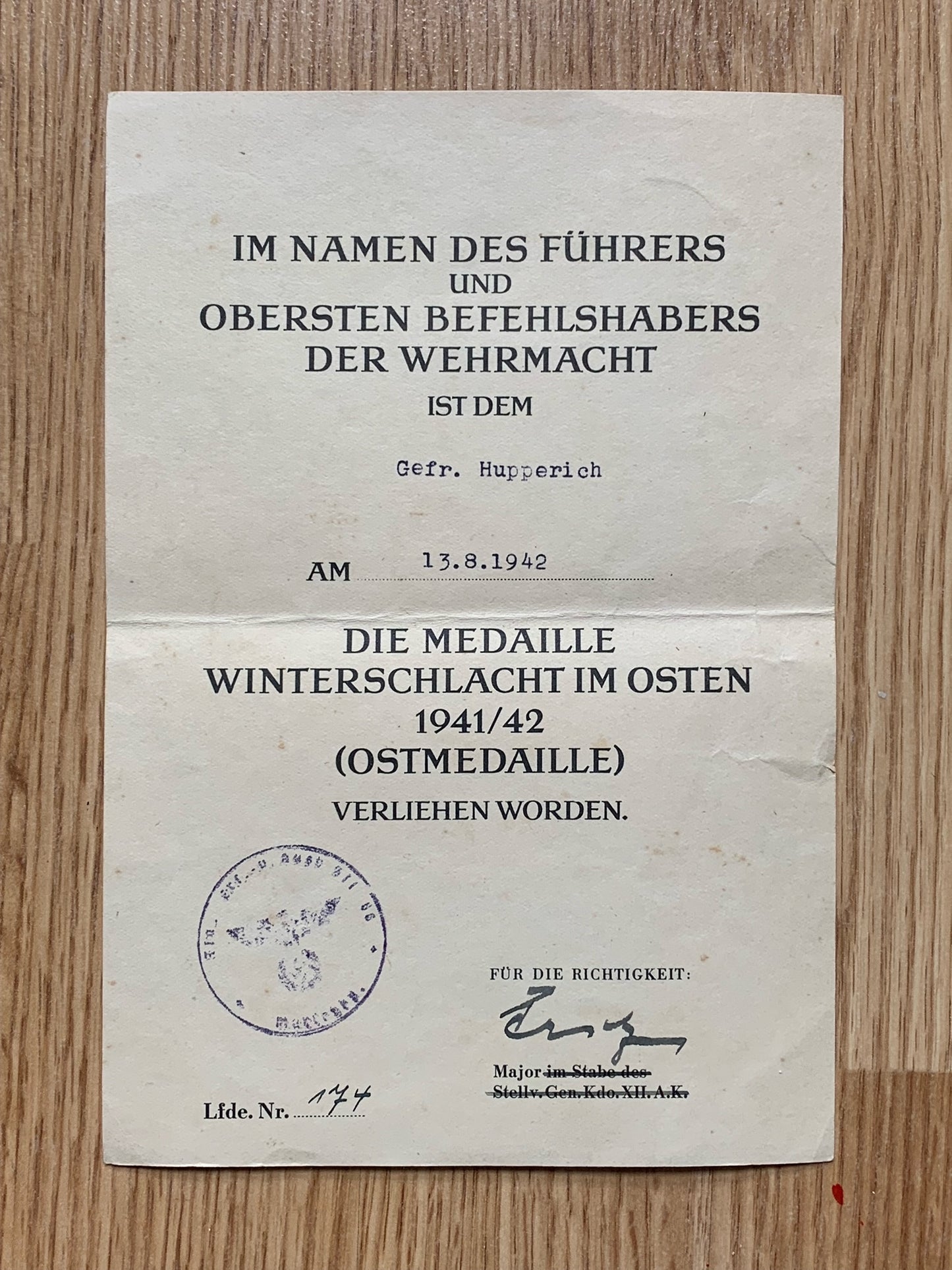 Eastern Front campaign medal award certificate - Heer soldier