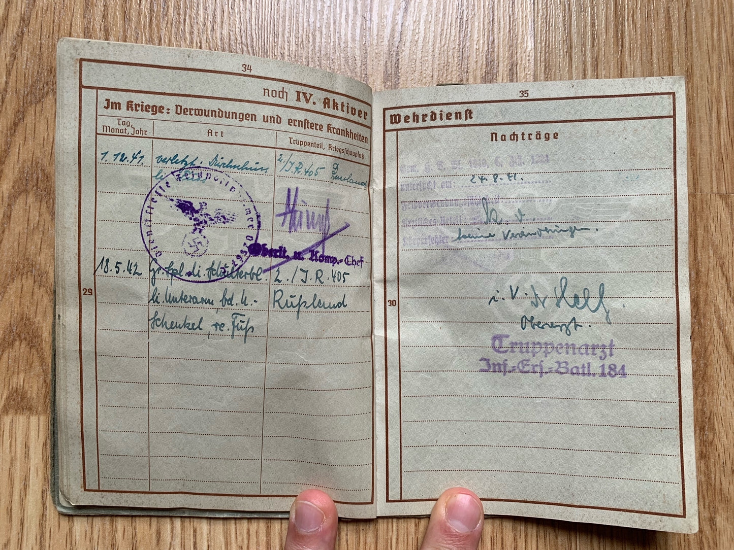 Wehrpass - Infantryman, Leningrad combat, wounded