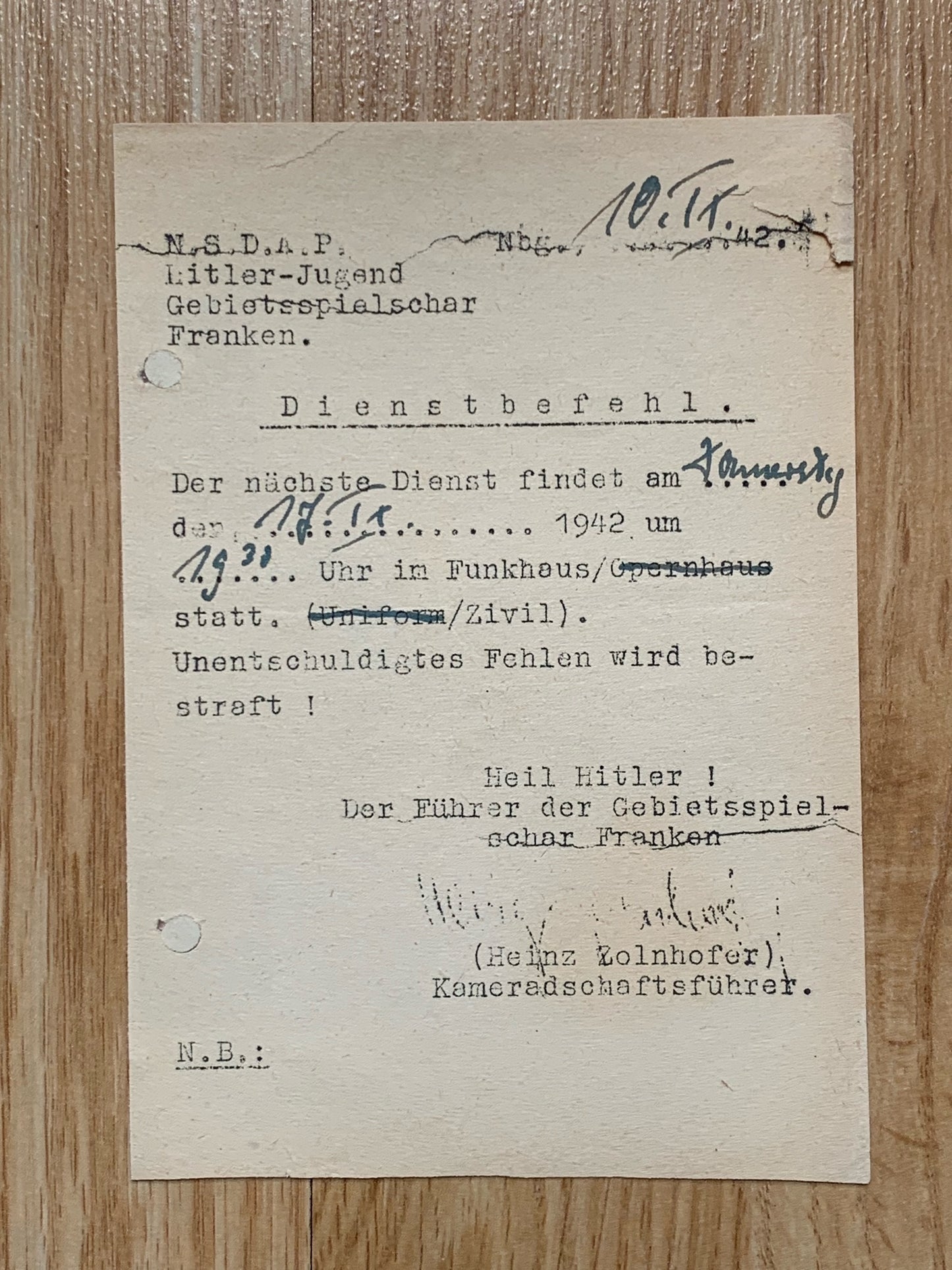 3 HJ written order form - Dienstbefehl