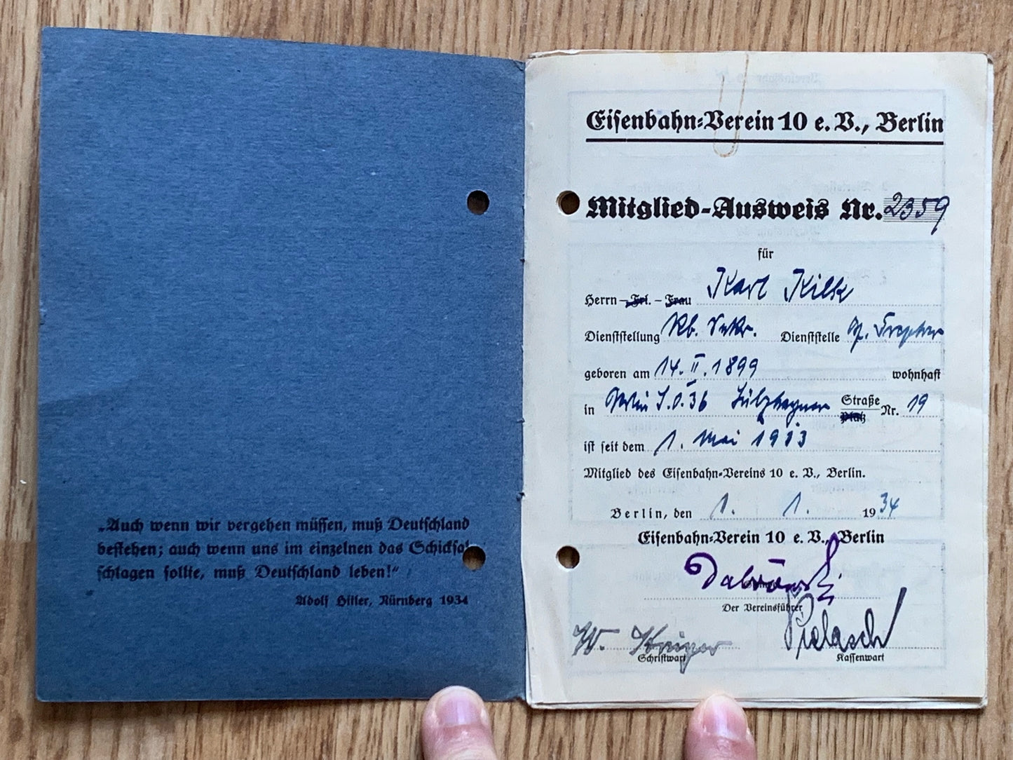 Berlin Railway worker insurance booklet, 1934