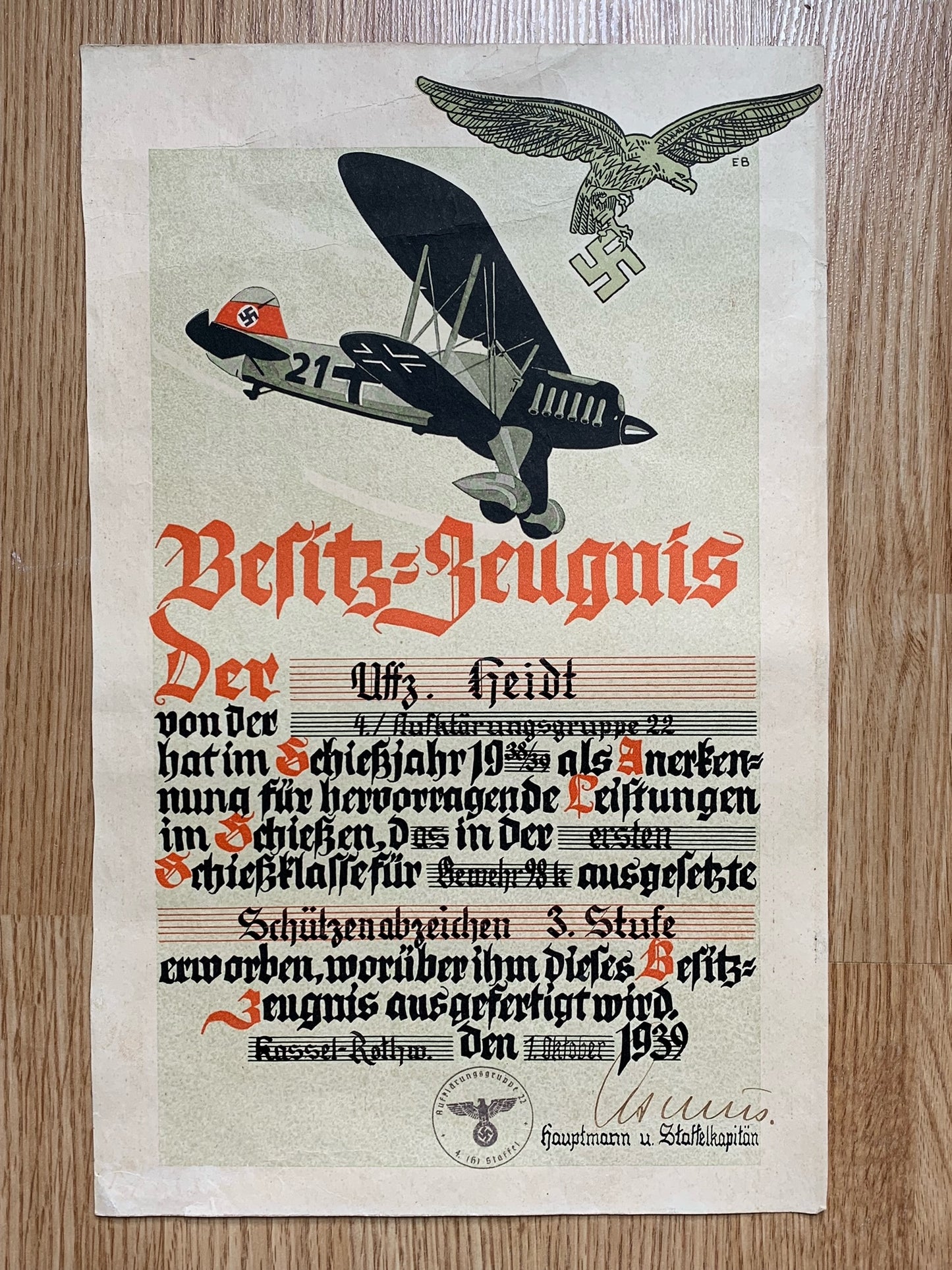 Luftwaffe Marksmanship 3rd Grade award certificate - Bomber unit member
