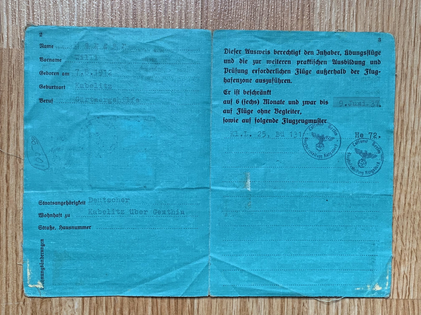 WW2 Civilian German pilots license - Berlin resident