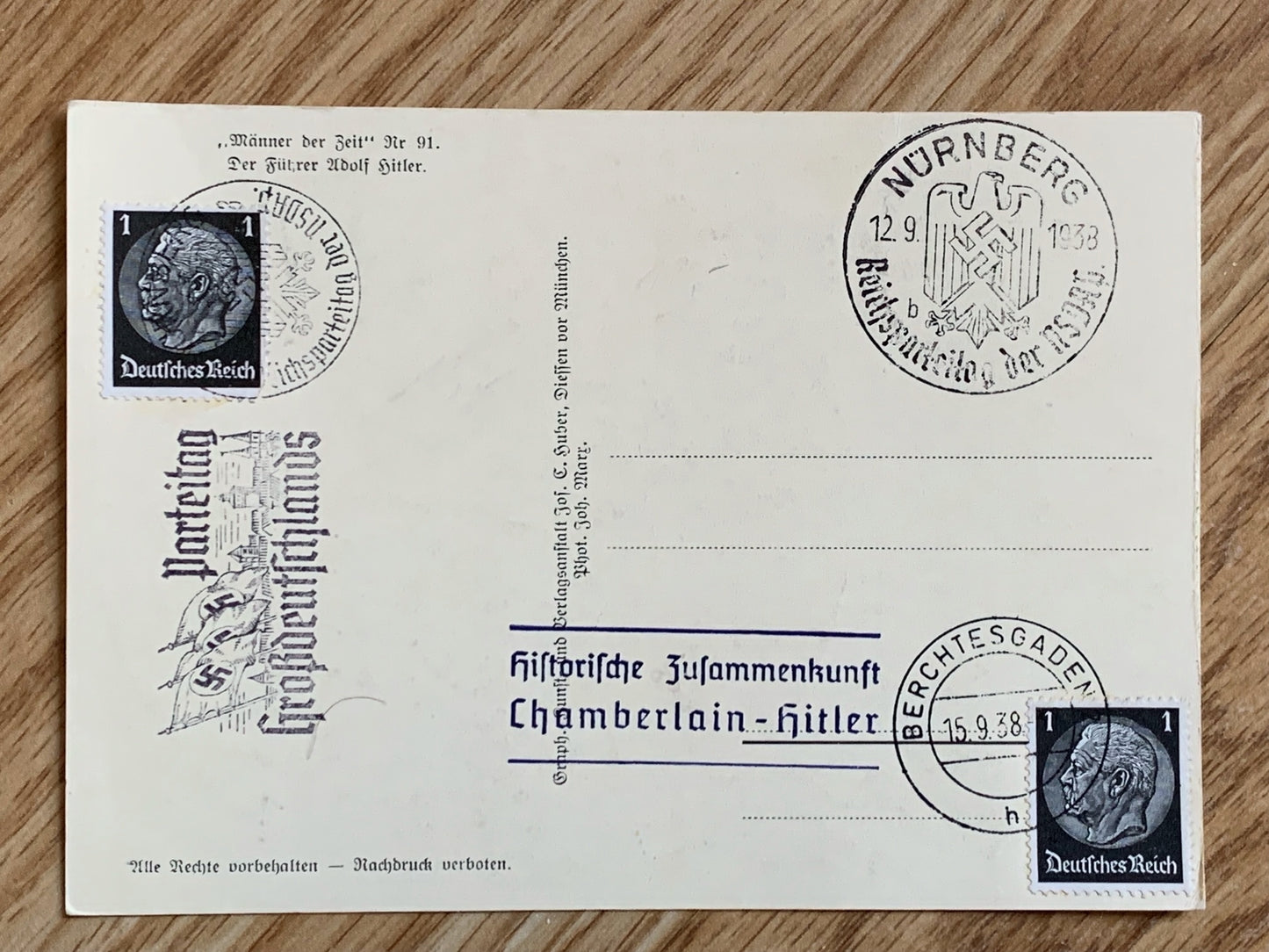 Hitler postcard - Munich Agreement and Nuremberg rally 1938 stamp